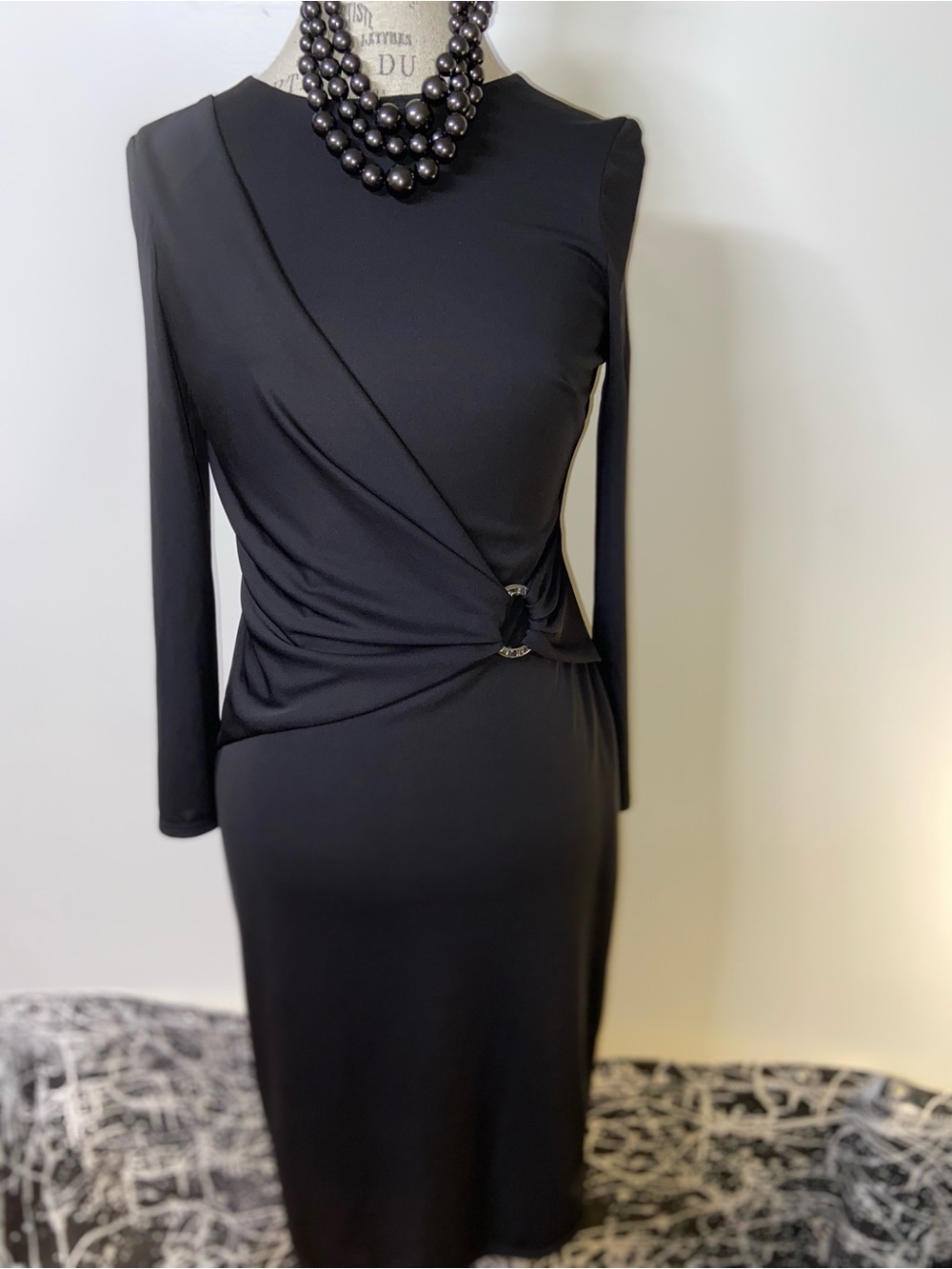 Ralph Lauren Elegant Black Long-Sleeve Draped Midi Dress